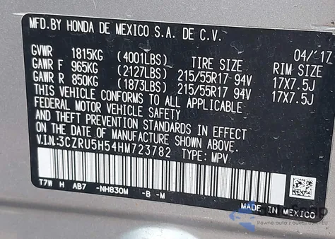 2017 Honda Hr-V Ex z USA, uszkodzony, nr VIN 3CZRU5H54HM723782